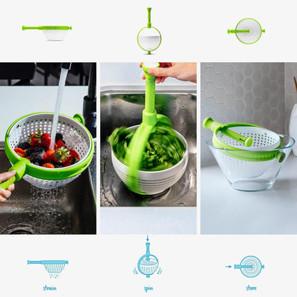 Spina 2-In-1 Easy-To-Use, Collapsible Salad Spinner & Straining Colander for Salad, Fruit, Vegetable, Lettuce - White/Green.