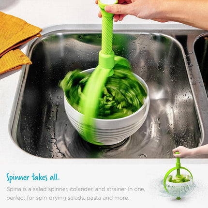 Spina 2-In-1 Easy-To-Use, Collapsible Salad Spinner & Straining Colander for Salad, Fruit, Vegetable, Lettuce - White/Green.