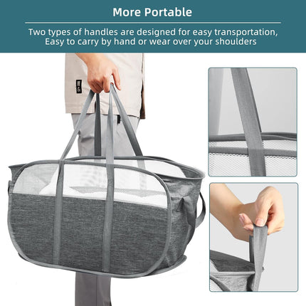 Collapsible Laundry Baskets, Tear Proof Pop Up Laundry Hamper with Dual Handles, Durable Foldable Laundry Basket, Easy to Carry Laundry Hamper for Home, Laundry Room, Bedroom, Dorm, Travel Grey.