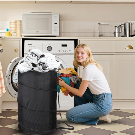 Extra Large 107L Strong Laundry Hamper 17.5" x 27" Collapsible Laundry Baskets with Long Straps Drawstring Barrel Foldable Hamper for Laundry Room, Bathroom, Campout, College Dorm or Travel.