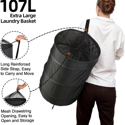 Extra Large 107L Strong Laundry Hamper 17.5" x 27" Collapsible Laundry Baskets with Long Straps Drawstring Barrel Foldable Hamper for Laundry Room, Bathroom, Campout, College Dorm or Travel.