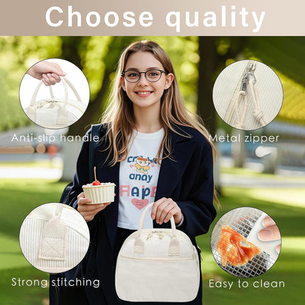 Lunch Box for Women, Insulated Lunch Bag Cute Corduroy Lunchbox Reusable Tote Bags for Work (beige corduroy).