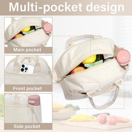 Lunch Box for Women, Insulated Lunch Bag Cute Corduroy Lunchbox Reusable Tote Bags for Work (beige corduroy).
