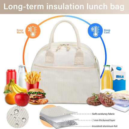 Lunch Box for Women, Insulated Lunch Bag Cute Corduroy Lunchbox Reusable Tote Bags for Work (beige corduroy).