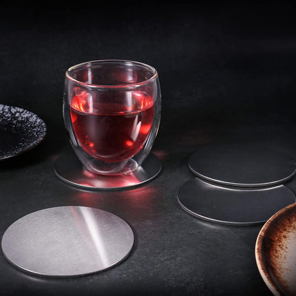 Cup Coasters,  Cup Coasters Set with Decorative Rack, Stainless Steel Tabletop Display Round Cup Coaster with Holder, Silver, Set of 4.