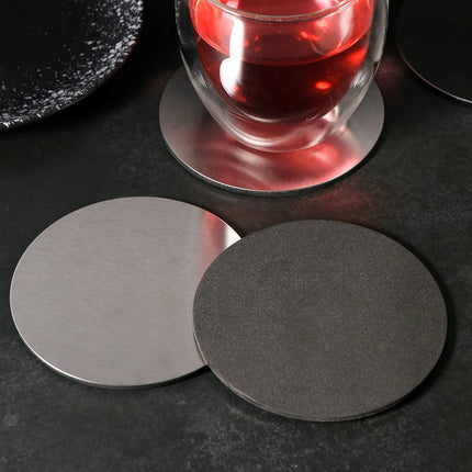 Cup Coasters,  Cup Coasters Set with Decorative Rack, Stainless Steel Tabletop Display Round Cup Coaster with Holder, Silver, Set of 4.