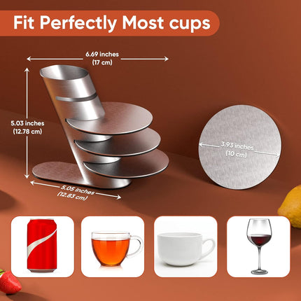 Cup Coasters,  Cup Coasters Set with Decorative Rack, Stainless Steel Tabletop Display Round Cup Coaster with Holder, Silver, Set of 4.