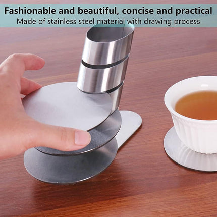 Cup Coasters,  Cup Coasters Set with Decorative Rack, Stainless Steel Tabletop Display Round Cup Coaster with Holder, Silver, Set of 4.
