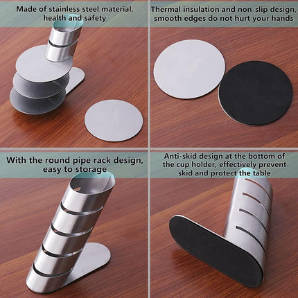 Cup Coasters,  Cup Coasters Set with Decorative Rack, Stainless Steel Tabletop Display Round Cup Coaster with Holder, Silver, Set of 4.