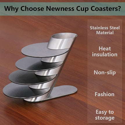 Cup Coasters,  Cup Coasters Set with Decorative Rack, Stainless Steel Tabletop Display Round Cup Coaster with Holder, Silver, Set of 4.