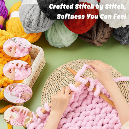 8 Pack Chunky Chenille Yarn for Crocheting– 30.6 Yards, 7.7oz, Super Bulky, Soft Fluffy Plush Yarn for Hand or Arm Knitting– Ideal for Blankets, Crafts & DIY Projects (Light Pink).