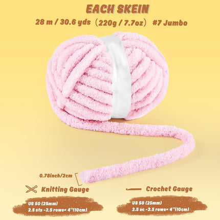 8 Pack Chunky Chenille Yarn for Crocheting– 30.6 Yards, 7.7oz, Super Bulky, Soft Fluffy Plush Yarn for Hand or Arm Knitting– Ideal for Blankets, Crafts & DIY Projects (Light Pink).