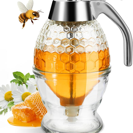 Honey Dispenser, Glass Honey Dispenser No Drip, Honey Pot with Stand, 8 oz Honey Jar, Maple Syrup Honey Container, Elegant Honeycomb Design for Home Decor for Any Occasion.