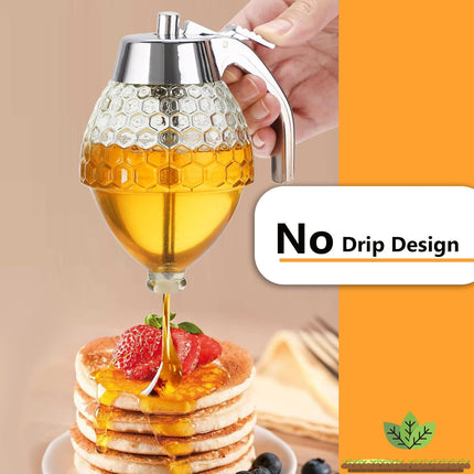 Honey Dispenser, Glass Honey Dispenser No Drip, Honey Pot with Stand, 8 oz Honey Jar, Maple Syrup Honey Container, Elegant Honeycomb Design for Home Decor for Any Occasion.