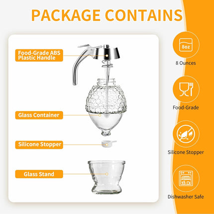 Honey Dispenser, Glass Honey Dispenser No Drip, Honey Pot with Stand, 8 oz Honey Jar, Maple Syrup Honey Container, Elegant Honeycomb Design for Home Decor for Any Occasion.