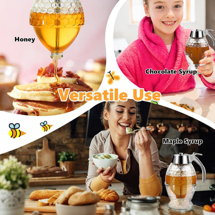 Honey Dispenser, Glass Honey Dispenser No Drip, Honey Pot with Stand, 8 oz Honey Jar, Maple Syrup Honey Container, Elegant Honeycomb Design for Home Decor for Any Occasion.