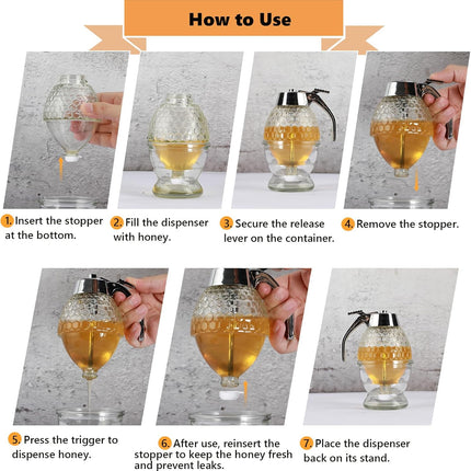 Honey Dispenser, Glass Honey Dispenser No Drip, Honey Pot with Stand, 8 oz Honey Jar, Maple Syrup Honey Container, Elegant Honeycomb Design for Home Decor for Any Occasion.