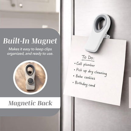 Bag Clips with Magnet- Food, Chip, Bag Clips for Food Storage with Airtight Seal Grip for Bread, Snack and Food Bags (White, Pack of 10).