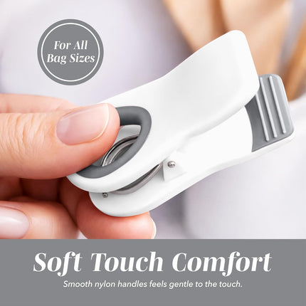 Bag Clips with Magnet- Food, Chip, Bag Clips for Food Storage with Airtight Seal Grip for Bread, Snack and Food Bags (White, Pack of 10).