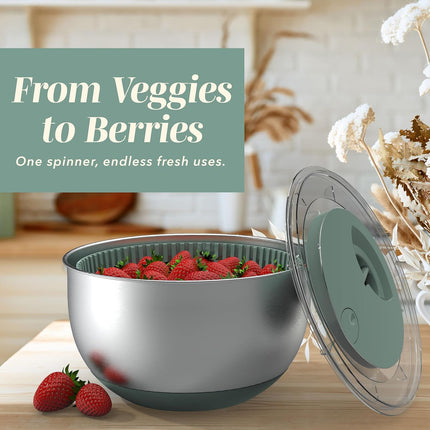 Stainless Steel Salad Spinner - 5 Qt. Lettuce Washer And Vegetable Spinner Dryer for Easy Salad Prep - Non Slip Base with Pull Handle - Auto Stop Brake System, Stain and Odor Resistant.