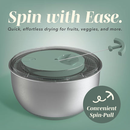 Stainless Steel Salad Spinner - 5 Qt. Lettuce Washer And Vegetable Spinner Dryer for Easy Salad Prep - Non Slip Base with Pull Handle - Auto Stop Brake System, Stain and Odor Resistant.