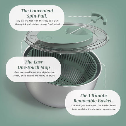 Stainless Steel Salad Spinner - 5 Qt. Lettuce Washer And Vegetable Spinner Dryer for Easy Salad Prep - Non Slip Base with Pull Handle - Auto Stop Brake System, Stain and Odor Resistant.