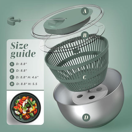 Stainless Steel Salad Spinner - 5 Qt. Lettuce Washer And Vegetable Spinner Dryer for Easy Salad Prep - Non Slip Base with Pull Handle - Auto Stop Brake System, Stain and Odor Resistant.