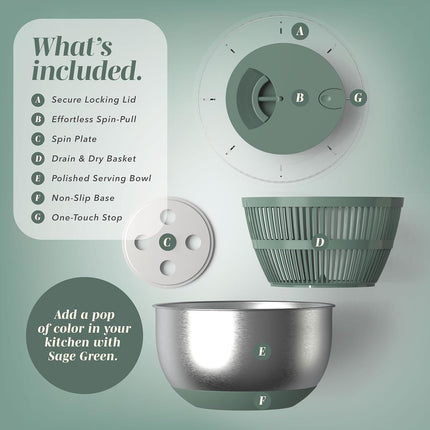Stainless Steel Salad Spinner - 5 Qt. Lettuce Washer And Vegetable Spinner Dryer for Easy Salad Prep - Non Slip Base with Pull Handle - Auto Stop Brake System, Stain and Odor Resistant.