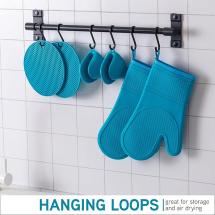 Silicone Oven Mitts- Heat Resistant Gloves with Soft Quilted Lining Oven Mitt Pot Holders for Cooking and BBQ, Teal, Mitt Set.