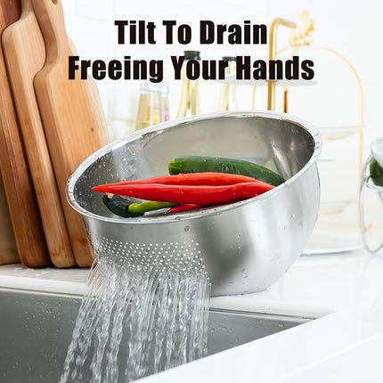 Rice Washer Strainer Bowl, Stainless Steel Quinoa Washing Bowl With Side Drainers Colander for Cleaning Rinsing Fruits, Vegetables, and Beans - Versatile Kitchen Tool.