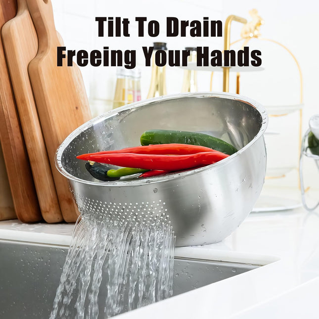 Rice Washer Strainer Bowl, Stainless Steel Quinoa Washing Bowl With Side Drainers Colander for Cleaning Rinsing Fruits, Vegetables, and Beans - Versatile Kitchen Tool.