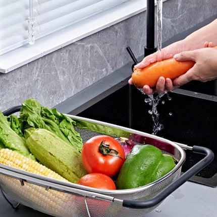 Fine Mesh Colander Over The Sink 6 Quart Stainless Steel Strainer Basket & Expandable Rubber Grip Handles - Strain, Drain, Rinse Fruits, Vegetables.