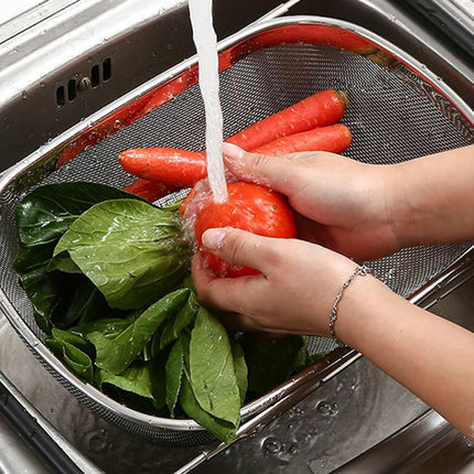 Fine Mesh Colander Over The Sink 6 Quart Stainless Steel Strainer Basket & Expandable Rubber Grip Handles - Strain, Drain, Rinse Fruits, Vegetables.