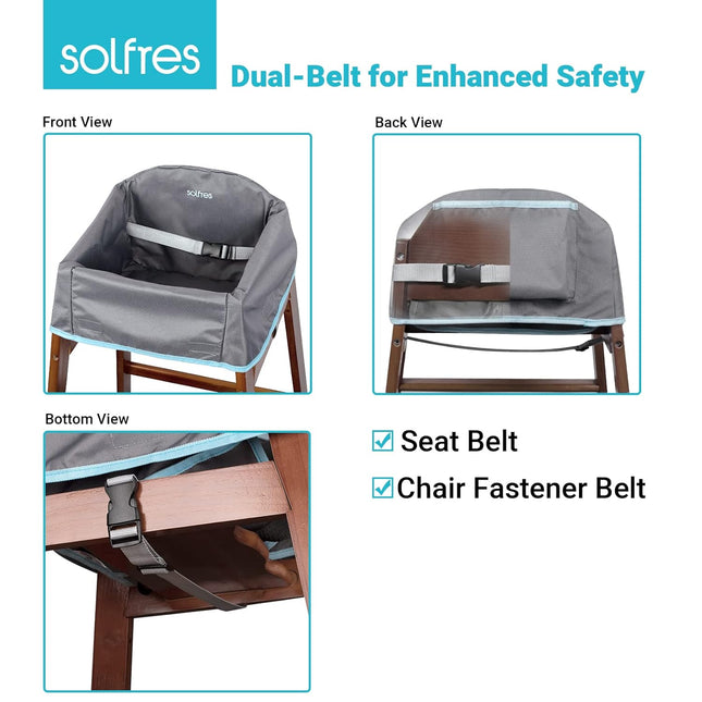 Dual-Belt Baby High Chair Cover, Upgrade Version, for Wooden or Restaurant High Chair, Sturdy and Robust Material, Waterproof Washable Stain and Slip Resistant, Gray.