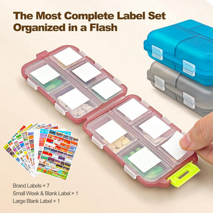 3Pcs Pill Organizer with Medicine Labels, 10 Compartments Travel Pill Box with Removable Labels, Portable Foldable Supplement Box Holder for Fish Oil Vitamin.