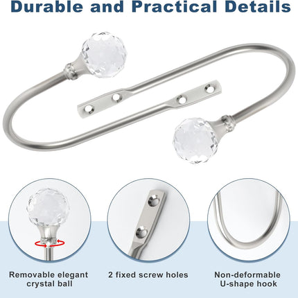 Curtain Holdbacks Silver Wall Mounted Curtain Holders Window Drapery Tiebacks with Clear Crystal Ball Quality Metal Curtain Tiebacks Curtain Hooks with Screws for Drapes, 4 Pcs.