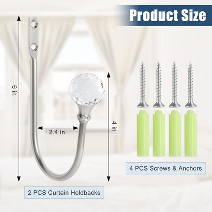 Curtain Holdbacks Silver Wall Mounted Curtain Holders Window Drapery Tiebacks with Clear Crystal Ball Quality Metal Curtain Tiebacks Curtain Hooks with Screws for Drapes, 4 Pcs.