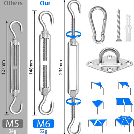 Sun Shade Sail Hardware Kit 6 Inch for Rectangle & Triangle Shade Sail Install, Stainless Steel Shade Sail Fixing Accessories for Outdoor Patio Canopy Garden, Heavy Duty Awning Attachment Set (44 Pcs).