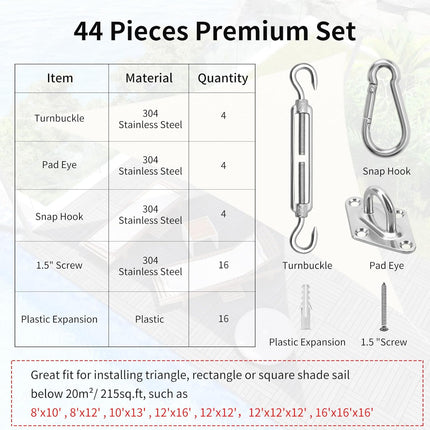 Sun Shade Sail Hardware Kit 6 Inch for Rectangle & Triangle Shade Sail Install, Stainless Steel Shade Sail Fixing Accessories for Outdoor Patio Canopy Garden, Heavy Duty Awning Attachment Set (44 Pcs).