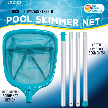 Swimming Pool 5 Foot Leaf Skimmer Net with 4 Aluminum Pole Sections - 6" Deep Ultra Fine Mesh Netting Bag Basket for Fast Cleaning of The Finest Debris - 60" Long, Clean Spas, Ponds.