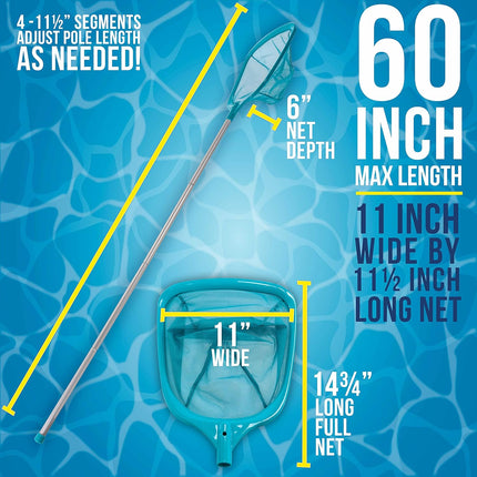 Swimming Pool 5 Foot Leaf Skimmer Net with 4 Aluminum Pole Sections - 6" Deep Ultra Fine Mesh Netting Bag Basket for Fast Cleaning of The Finest Debris - 60" Long, Clean Spas, Ponds.