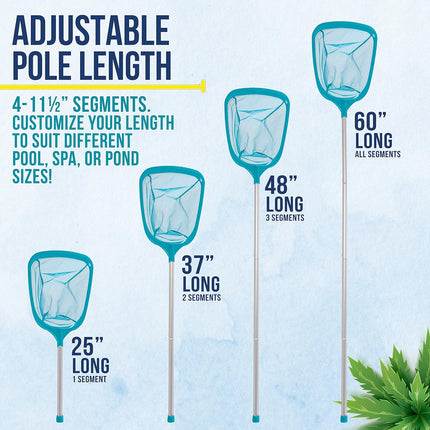 Swimming Pool 5 Foot Leaf Skimmer Net with 4 Aluminum Pole Sections - 6" Deep Ultra Fine Mesh Netting Bag Basket for Fast Cleaning of The Finest Debris - 60" Long, Clean Spas, Ponds.