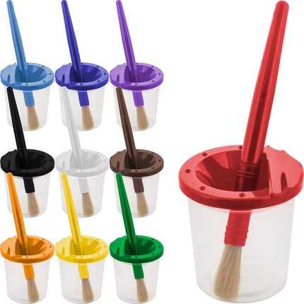 10 Piece Children's No Spill Paint Cups with Colored Lids and 10 Piece Large Round Brush Set with Plastic Handles.