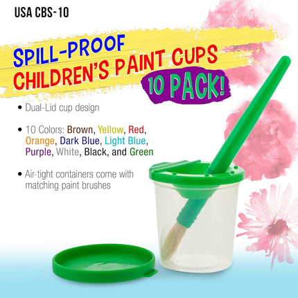 10 Piece Children's No Spill Paint Cups with Colored Lids and 10 Piece Large Round Brush Set with Plastic Handles.
