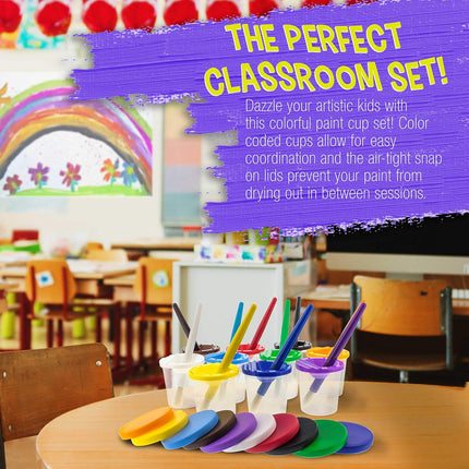 10 Piece Children's No Spill Paint Cups with Colored Lids and 10 Piece Large Round Brush Set with Plastic Handles.
