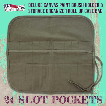 Deluxe Canvas Art Paint Brush Holder & Storage Organizer Roll-Up Case Bag - 24 Slot Pockets Carry Pouch - Protect Artist Acrylic Oil Watercolor Paintbrushes - Store Pencils, Pens Tools.