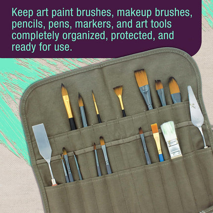 Deluxe Canvas Art Paint Brush Holder & Storage Organizer Roll-Up Case Bag - 24 Slot Pockets Carry Pouch - Protect Artist Acrylic Oil Watercolor Paintbrushes - Store Pencils, Pens Tools.