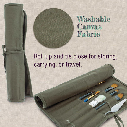 Deluxe Canvas Art Paint Brush Holder & Storage Organizer Roll-Up Case Bag - 24 Slot Pockets Carry Pouch - Protect Artist Acrylic Oil Watercolor Paintbrushes - Store Pencils, Pens Tools.