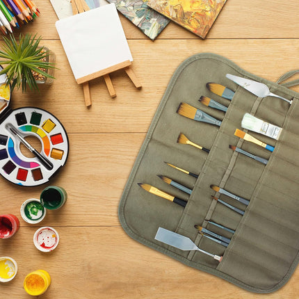 Deluxe Canvas Art Paint Brush Holder & Storage Organizer Roll-Up Case Bag - 24 Slot Pockets Carry Pouch - Protect Artist Acrylic Oil Watercolor Paintbrushes - Store Pencils, Pens Tools.