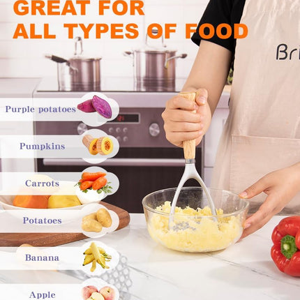 Potato Masher with Wooden Handle, Manual Potato Press for Kitchen Tool, Aluminum Alloy Potato Ricer For Fluffy Mashed Potato.